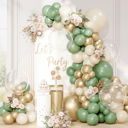 QIFU Sage Green Balloon Arch Kit 113 Pcs Sage Green and Gold Balloons Arch Kit with Cream Balloons Bobo for Christening Kids Jungle Theme Birthday Party Decorations Anniversary Party Baby Shower