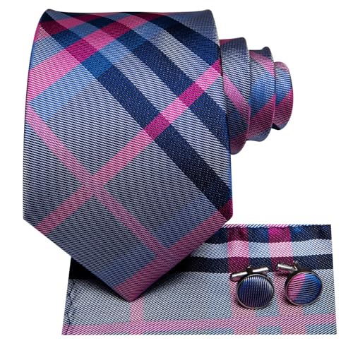 Image of Hi-Tie Father and Son Tie Set Striped Plaid Ties for Men and Boys Silk Necktie Pocket Square Set for Wedding Gifts