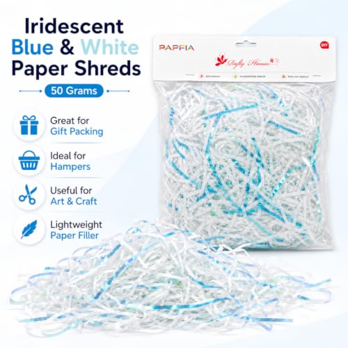 Image of Wanna Party Iridescent Blue Paper Shreds for Gift Packing, Decorative Crinkle Cut Filler for Hamper Baskets, Gift Boxes, Return Gifts, Party Favours, Baby Shower & Craft Decoration