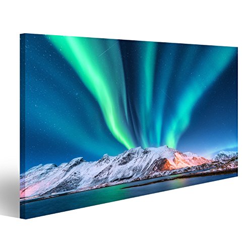islandburner Bild Bilder auf Leinwand Nordlicht. Lofoten Inseln, Norwegen. Aurora.Grüne Nordlichter. Sternenhimmel mit Polarlichtern. Nach Wandbild, Poster, Leinwandbild JTS