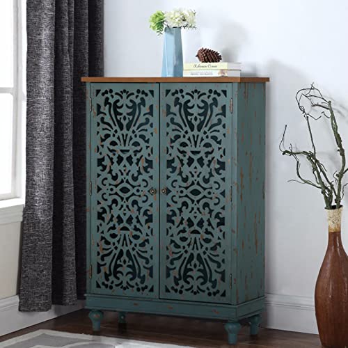Sophia & William 47.4'' Accent Tall Cabinet With 2 Doors, 3-Tier Distressed Storage Cabinet With Wood Frame And Hollow-Carved Door For Entryway Living Room Bedroom, Blue #TOP6