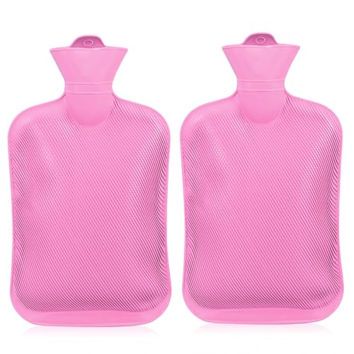 2er Pack Wärmflasche, Wärmflasche-Ohne Bezug Naturkautschuk Bettflasche Sichere und Haltbare Groß 2L, Geschenk für Kinder und Erwachsene (Rosa)