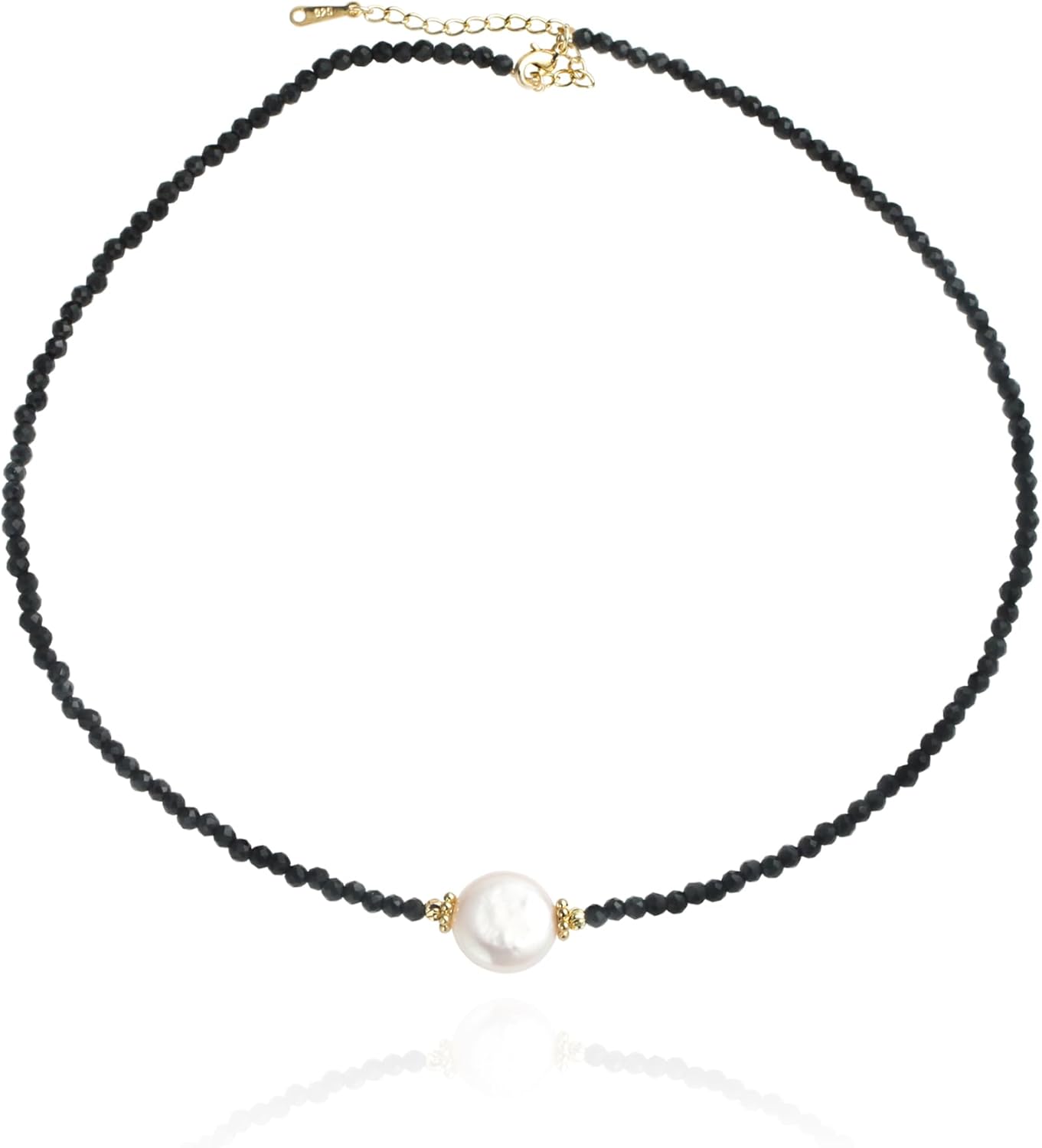 Kakikaki Freshwater Cultured Coin Pearl Charm Black Spinel Beaded Strand Necklace for Women