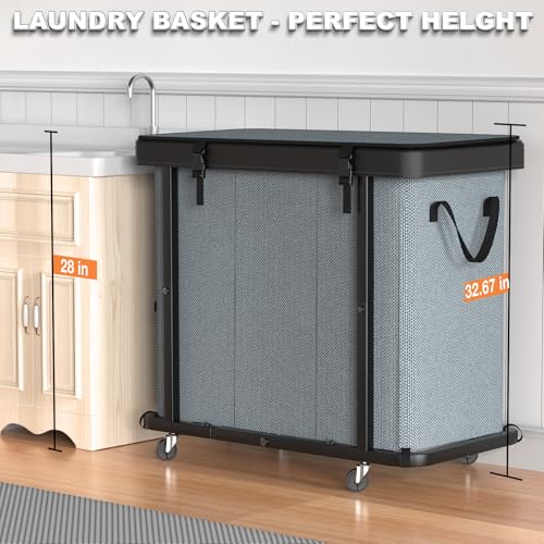 Image of 230L (60 Gal) Large Fashion Laundry Basket with Wheels, Leather Patchwork Laundry Sorter 3 Section, Sturdy Metal Frame, Removable Washable Bag, Tall Clothes Sorter for Bedroom - Gray