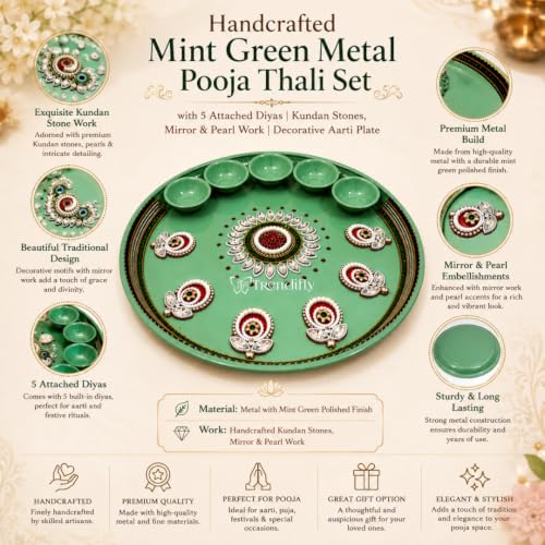 Image of Trendifly Mint Green Metal Pooja Thali Set with 5 Diya Holder | Mirror Stone Work Puja Aarti Thali Set for Home Mandir Temple Room | Home Ceremony Pooja Wedding Baby Shower Festival Return Gifts