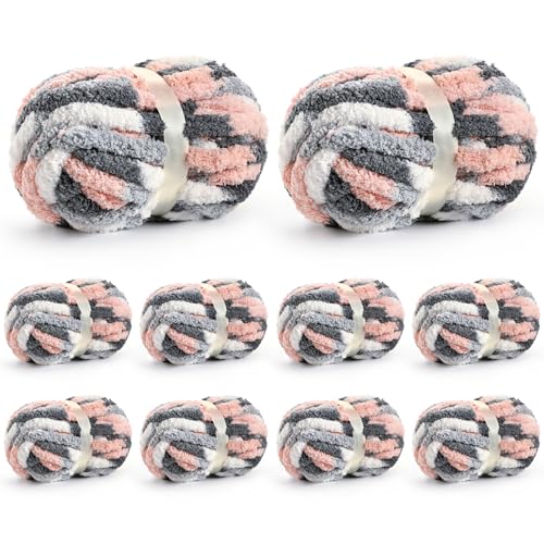 Image of 10 Pack Jumbo Chunky Yarn for Hand Knitting, Fluffy Chunky Chenille Yarn for Crocheting, Variegated Chunky Knit Baby Blanket Yarn, 240 yds /70.5 oz Super Bulky Yarn(Dark Grey-Pink-White)