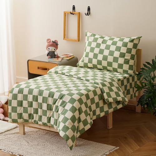 Image of CLOTHKNOW 4Pieces Plaid Toddler Bedding Sets for Boys Girls, Green White Grid Checkerboard Pattern, Soft Crib Bed Set Including Comforter, Flat Sheet, Fitted Sheet and Pillowcase