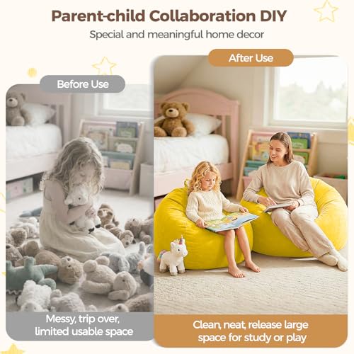 Image of Stuffed Animal Storage Bean Bag Chair Cover for Adults (No Filler), Soft Comfy Velvet Beanbag Chair Cover Machine Washable, Adults Bean Bag Chair with Handle for Living Room Bedroom, Yellow