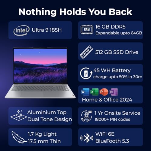Image of Lenovo ThinkBook 16, Intel Core Ultra 9 185H, 16GB RAM, 512GB SSD, WUXGA IPS 16 inch (40.64cm), Win 11 Home, Arctic Grey, 1.7Kg, 21SKA0J5IG, Fingerprint, Backlit, 300 Nits, 1Y Warranty, AI Powered Laptop