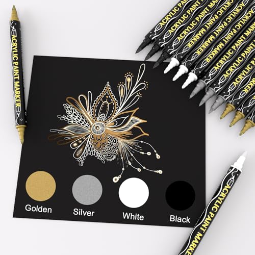 ABEIER Acrylstifte 12 Stück Gold, Silber, Weiß, Schwarz, Doppelspitze Metallic Marker Stifte,Schnelltrocknende Akrylstifte für Holz, Glas, Stoff, Leinwand, Keramik, Metall