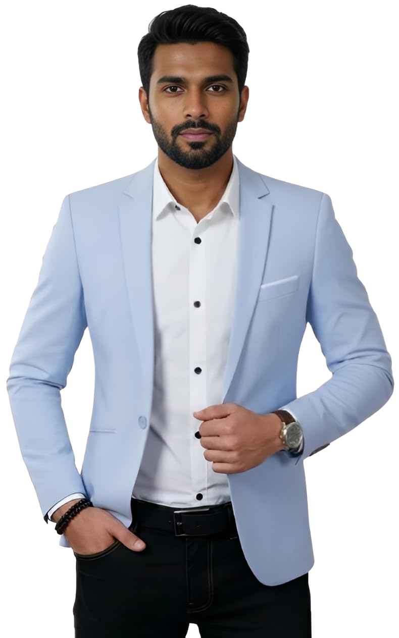 Men's Slim Fit Blazer, Light Blue, Single Button, Notch Lapel, Formal