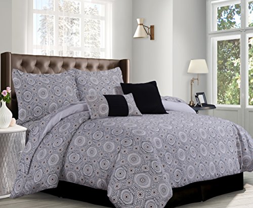 Tribeca Living Maldives 5 Piece Egyptian Cotton Medallion Printed Duvet Cover Set, King, Black/Tan
