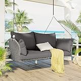 VnndeNest 2 Person Wicker Hanging Swing Bench with Removable Cushions, Outdoor Patio Swing Chair for Adults with Chains, Modern Outdoor Porch Swing for Backyard, Garden, Gray Wicker and Cushion