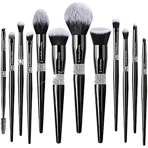 Bueart Design 12PCS ULTRA SOFT Black labeled Makeup Brushes Set with Premium Synthetic hair Bling Rhinestone Crystal Glitter diamond make up brush set Cover