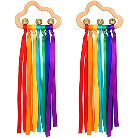 FRIUSATE 2Pcs Wooden Ribbon Ring Toys, Rainbow Hand Ribbon Teether Sensory Toy Molar Wooden Educational Toy Circle Toy with Bells for Boys Girls (Light color) (Rainbow color) Cover