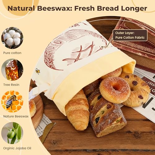 2 Pack Beeswax Bread Bags, 17 x 13 in Reusable Cotton Bags for Sourdough - image 2
