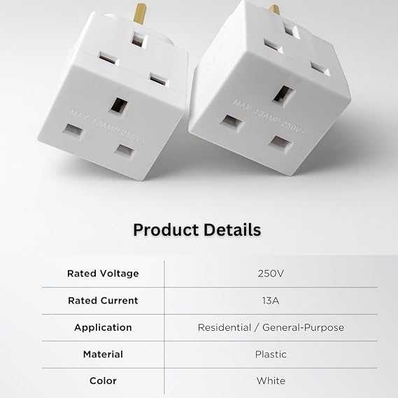 2 Way 3 Pin Power Plug Adaptor Splitter 13A Multi Wall Plug Cube 3 pins Socket Splitter Extension Plug adaptor UK Socket Splitter Block for Kitchen, Home, Office etc (pack of 2)