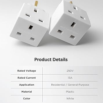 2 Way 3 Pin Power Plug Adaptor Splitter 13A Multi Wall Plug Cube 3 pins Socket Splitter Extension Plug adaptor UK Socket Splitter Block for Kitchen, Home, Office etc (pack of 2)