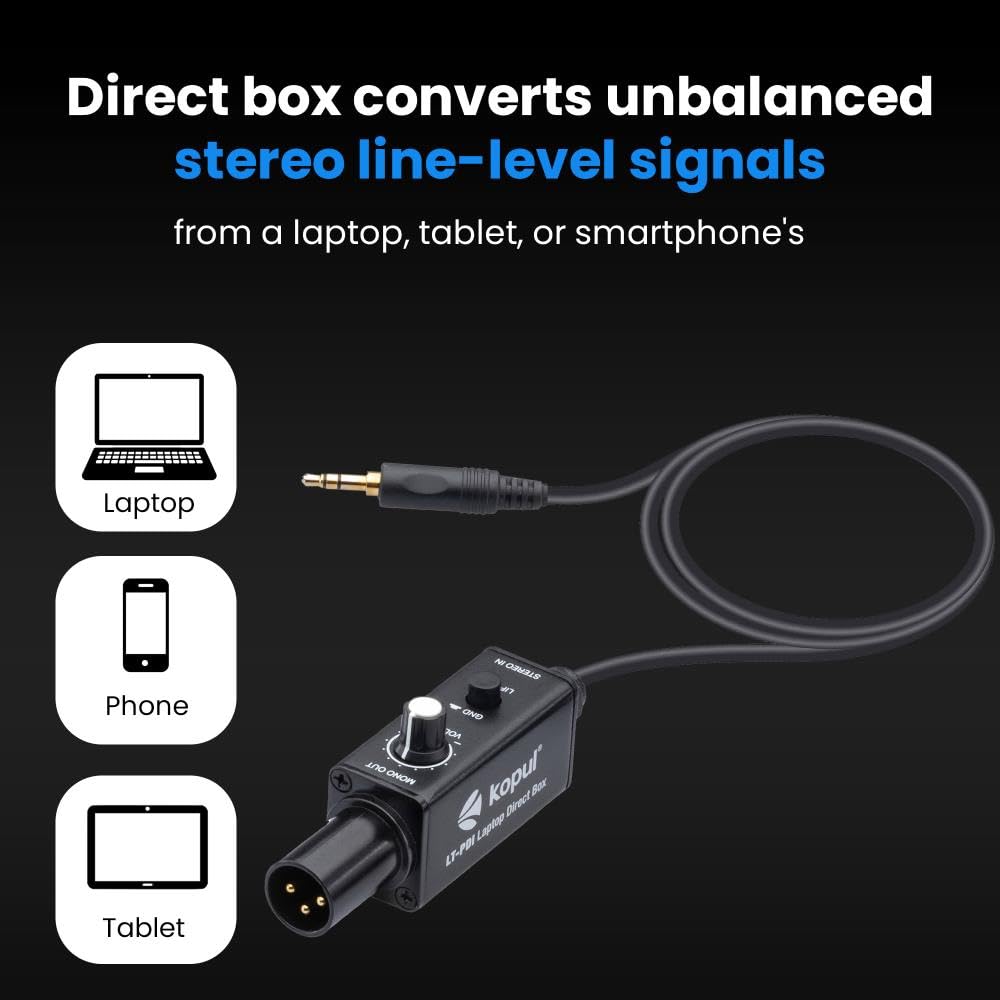LT-PDI - Caja directa pasiva de un canal para portátil (Caja Directa) - Convierte audio desequilibrado a audio equilibrado, ideal para computadora, caja DI estéreo, señal de audio limpia para