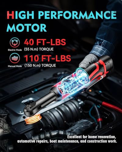 Image of SOARFLY 3 /8 inch Cordless Ratchet Wrench, Extended Electric Ratchet Wrench, 40 Ft-Lbs 450 RPM 16.8V Cordless Battery Powered Ratchet Wrench Set with 2 Batteries, Variable Speed, 7 Sockets, LED Light