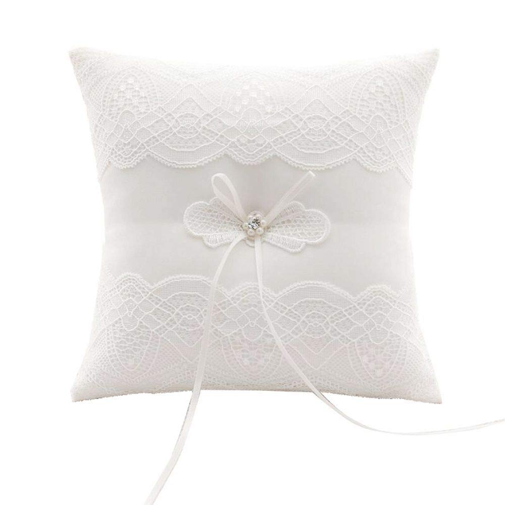 XYJIE Marfil Satén y perla Anillo de boda Portador Almohada Cojín Bordar encaje de flores con arco, 20 cm x 20 cm Portador de anillo para boda de playa
