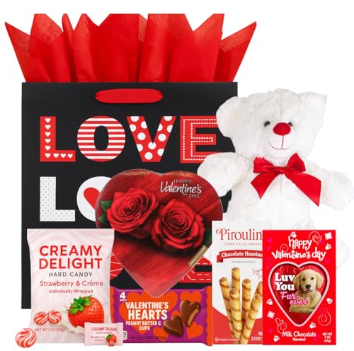 Valentines Day Gift Basket Set with Teddy (Red or White), Heart-Shaped Chocolates,...