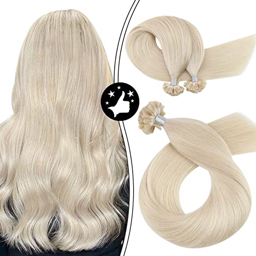 Moresoo Fusion Hair Extensions Human Hair Blonde U Tip Hair Extensions Brazilian Hair Solid Color #60A White Blonde Remy Keratin Hair Extensions 22 Inch Nail Hair Extensions 100% Human Hair 50G/50S
