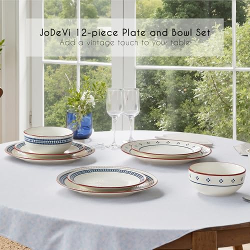 12-Piece Stoneware Dinnerware Set for 4, Geometric Vintage Plates & Bowls - image 8