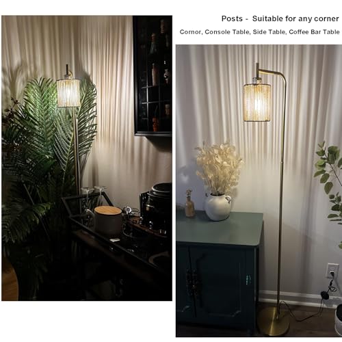 Image of Oneach 66 inch Gold Floor Lamp for Living Room, Boho Floor Lamp with LED Bulb, Foot Switch, Rattan Shade, Industrial Tall Farmhouse Standing Lamp for Bedroom, Dining Room, Study Room, Office