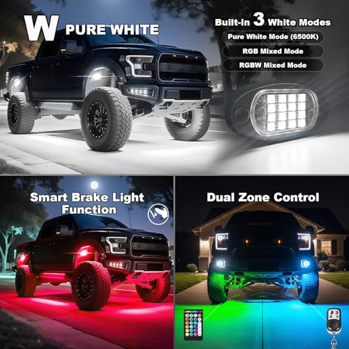 Image of RGBW LED Rock Lights Kit, 12 Pods Rock Light for Trucks Golf Cart Pickup Offroad UTV ATV, Waterproof 6500K Pure White & RGB Underglow Kit with APP Remote Control Music Neon Vehicle Underbody Light 12V