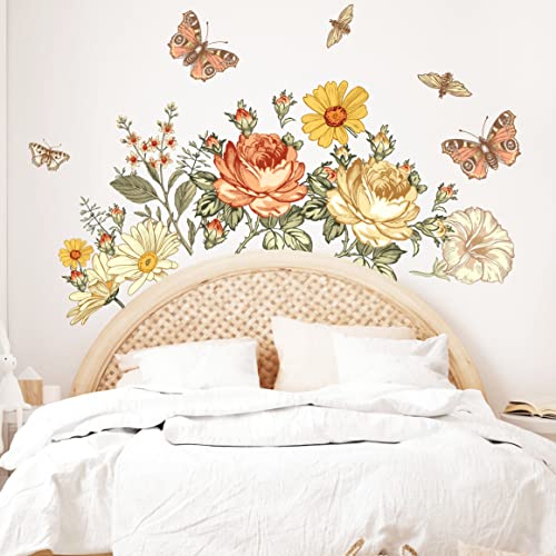 Image of Vintage Floral Wall Decals - Retro Flower Wall Stickers - Large Peony Vintage Flower Wall Decals for Girls Bedroom & Nursery Decor