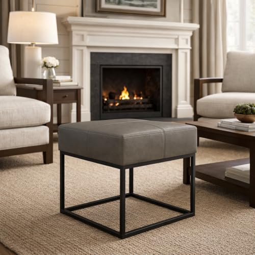 Image of HomePop 18 inch Small Square Metal Ottoman - Pewter Gray Faux Leather