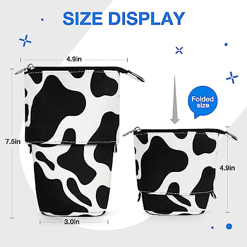 Image of Cute Standing Pencil Case for Kids, Pop Up Pencil Box Makeup Pouch, Christmas Gift Kids Canvas Pen Holder Organizer Cosmetics Bag, Kawaii Stationary (Cow Print)