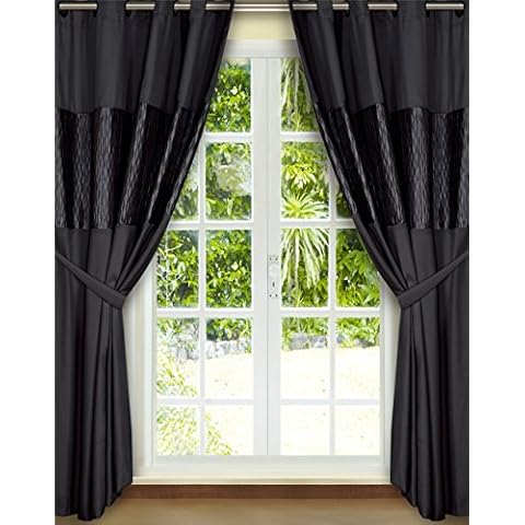 Sterling Mill EMERALD BLACK CREAM TEAL SILVER EYELET FULLY LINED CURTAINS 66" X 72" (Black) Cover