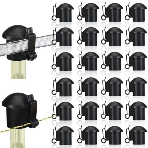 DoubleFill 24 Pcs Electric Fence Insulators and T Post Safety Cap T Post Safety Topper Black Plastic Insulators for Wood Posts Wire Holding Fencing Garden Farm Highway Sport Fences Supplies (Black)