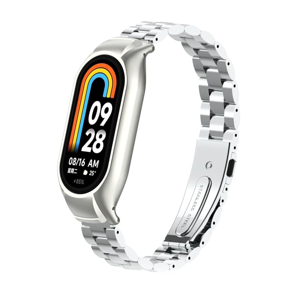 Metal Bands Compatible with Xiaomi Mi Band 8 Band, Xiaomi Mi Band 8 Strap Stainless Steel Watch Replacement Bracelet Wristband with Metal Frame for Xiaomi Mi Band 8 Bands