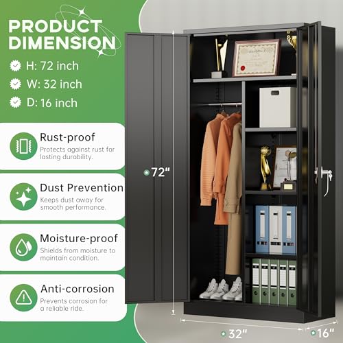 Image of INTERGREAT Metal Wardrobe Closet, 72 inch H Metal Storage Armoires Cabinet with Lockable Doors and Hanging Rod, Armoire Wardrobe Closet with 4 Adjustable Shelves for Home Office, Warehouse, Garage, Black