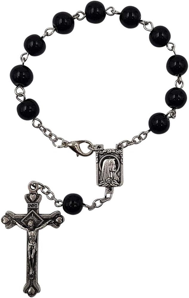Treasure4U-Store One Decade Auto Rosary for Rearview Mirror Black Pearl Glass Beads Catholic Bracelet Our Lady of Lourdes Centerpiece Religious Gift Car Truck Travel Protection