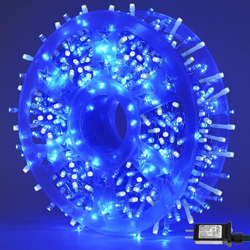 QITONG Blue and White String Lights Outdoor 165ft 500 LED Christmas Light Plug-in Clear Wire Indoor Twinkle Xmas Lights with 8 Modes