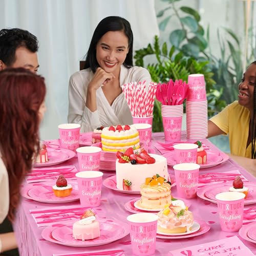 Image of Funnymoom 452 Pcs Breast Cancer Party Decorations Pink Ribbon Cure Faith Love Paper Plates Napkins Cups Tablecloth Cutlery Straws for Breast Cancer Awareness Month Women Charity Activities Supplies