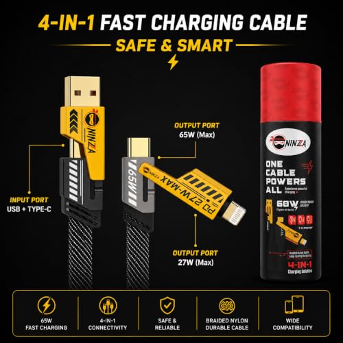 Image of QuadCharge 4-in-1 Fast Charging Cable | USB to Type-C, USB-A to C, C to C & Cable for iPhone | 60W PD Data Cable C Type, Braided Nylon Zinc-Alloy | 1.2m Multi Device Charger