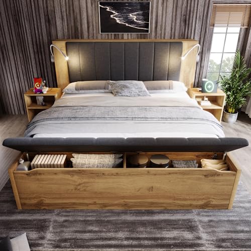 Lit 180x200 avec Sommier LED USB et 2 Tables de Chevet, Lit Double 180x200 avec Banquette Rangement et Tete Réglable, Capitonné avec à Lattes 2 Personnes, Rembourré...