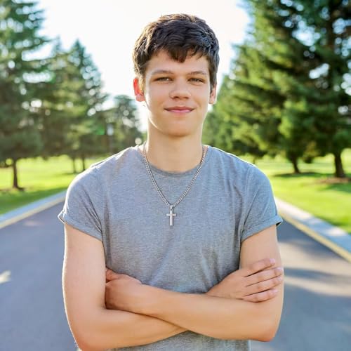 IEFLIFE Cross Necklaces Gifts - Cross Necklaces Gifts for Men Him, Silver Cuban Link Chain Stainless Steel Cross Necklace Jewelry Anniversary Birthday Gift for Dad Husband Son Grandson Gift2