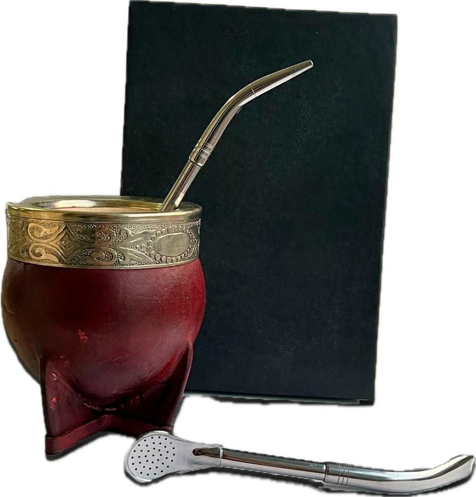 Mate Imperial Argentino Kit Mate, With Straw Tea Gourd Mug One Bombilla (Straw), Wrapped Handmade Leather, Includes Premium Packaging box (brown)