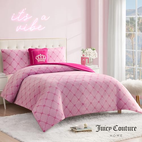 Image of Juicy Couture Plush Reversible Trellis Link 3-Piece Twin /Twin XL Comforter Set with Decorative Pillow, Pink