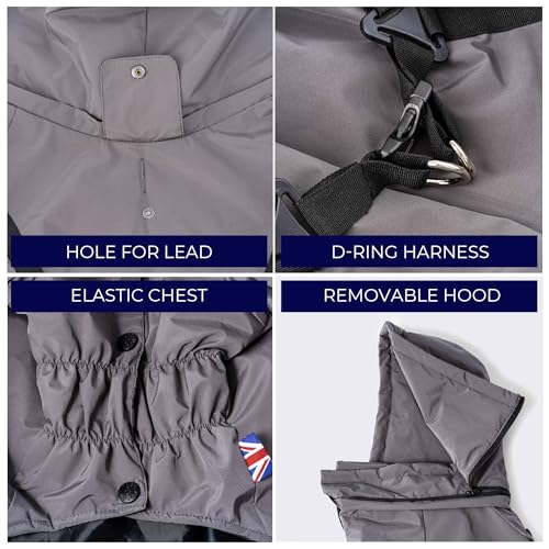 HUGO & HUDSON Winter-Schneeanzugjacke für Hunde, Winddicht mit Kapuze, Schnallen, Geschirr, Grau S35