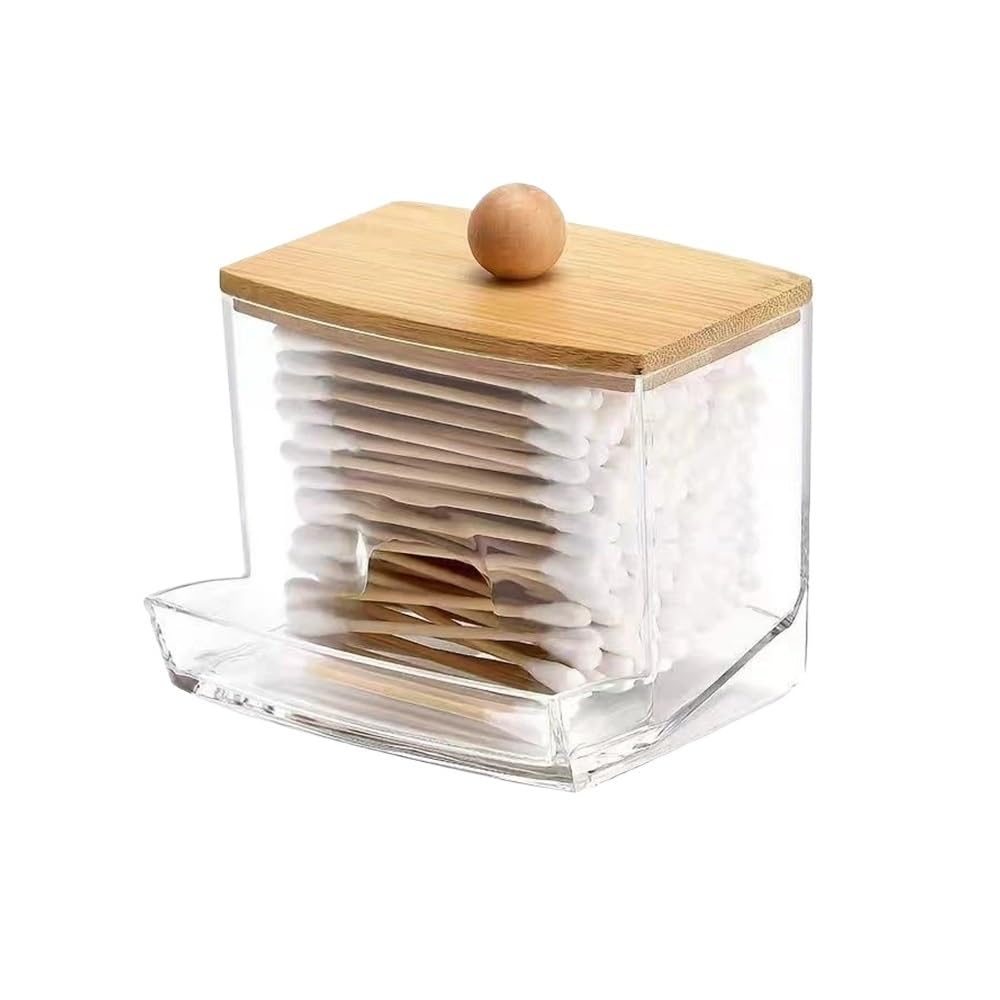 Lianxibag Wood Acrylic Cotton Swab Makeup Storage Box Ball/Swabs Dispenser Bathroom Organizer Jar With Clear Plastic Lids(Wood)