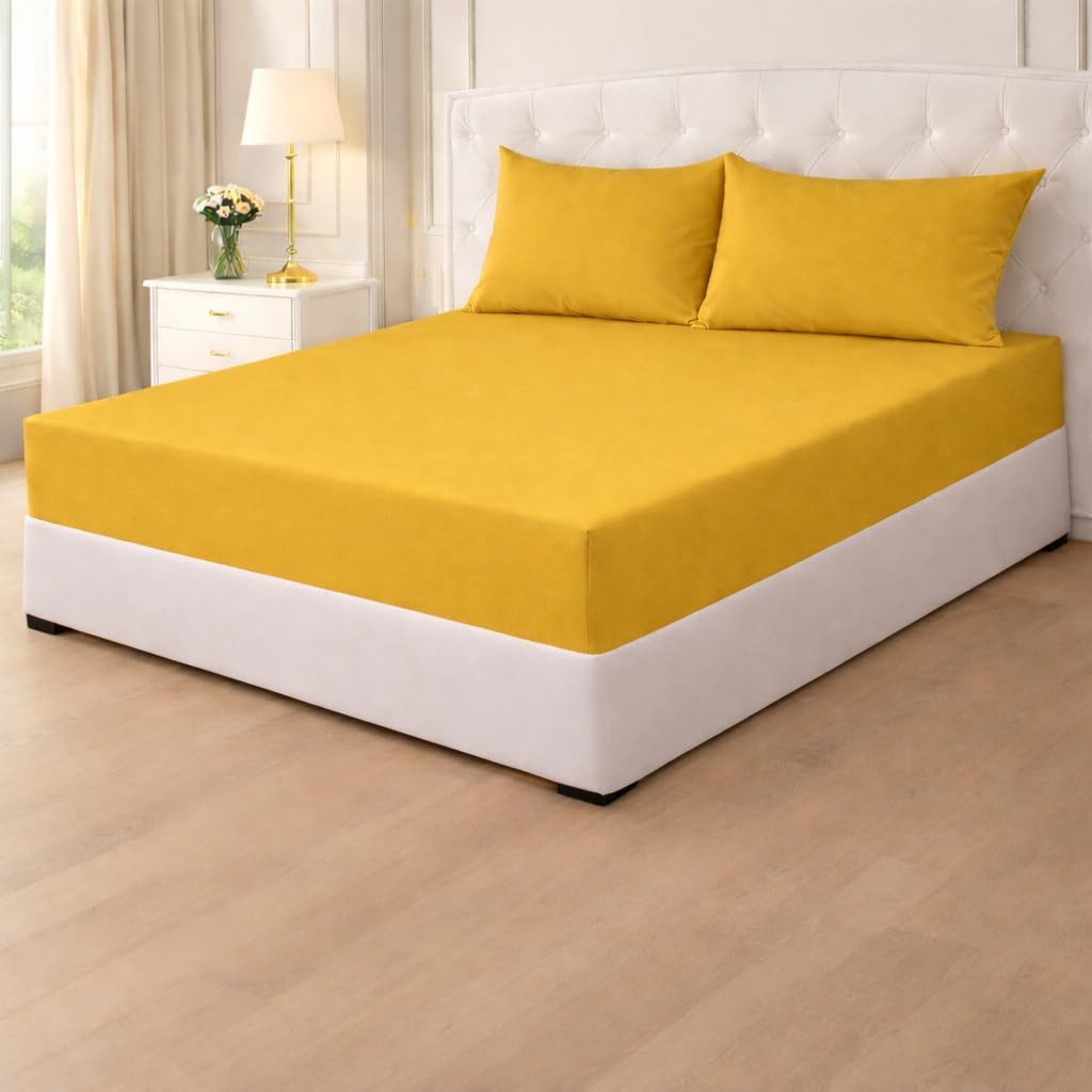 Poly Cotton Fitted Sheets 25cm,Plain PolyCotton Fitted Bed Sheets,Shrinkage & Fade Resistant Percale Quality Fitted Sheets,Non Iron Easy Care (Mustard, King) โ image 1
