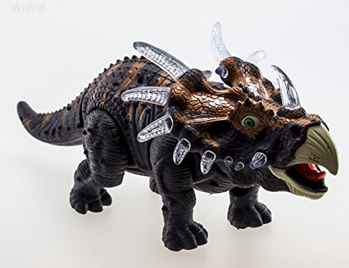 WolVol Walking Triceratops Dinosaur Toy Figure with Many Lights & Loud Roar Sounds, Real Movement (Battery Powered)
