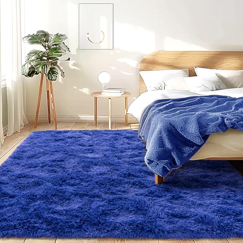 5x7 Rugs for Living Room - 1.4" Height Pile Plush Rug for Boys - Non-Slip Fluffy Throw Carpet Bedroom, Dark Blue